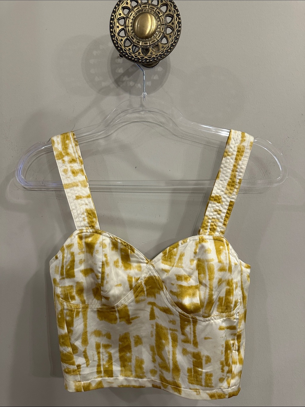 Rose & Olive Mustard Yellow & White Graphic Crop Bustier Top
